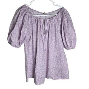 Ann Mashburn Peasant Blouse Tie Neck Cotton Size XS Purple Floral